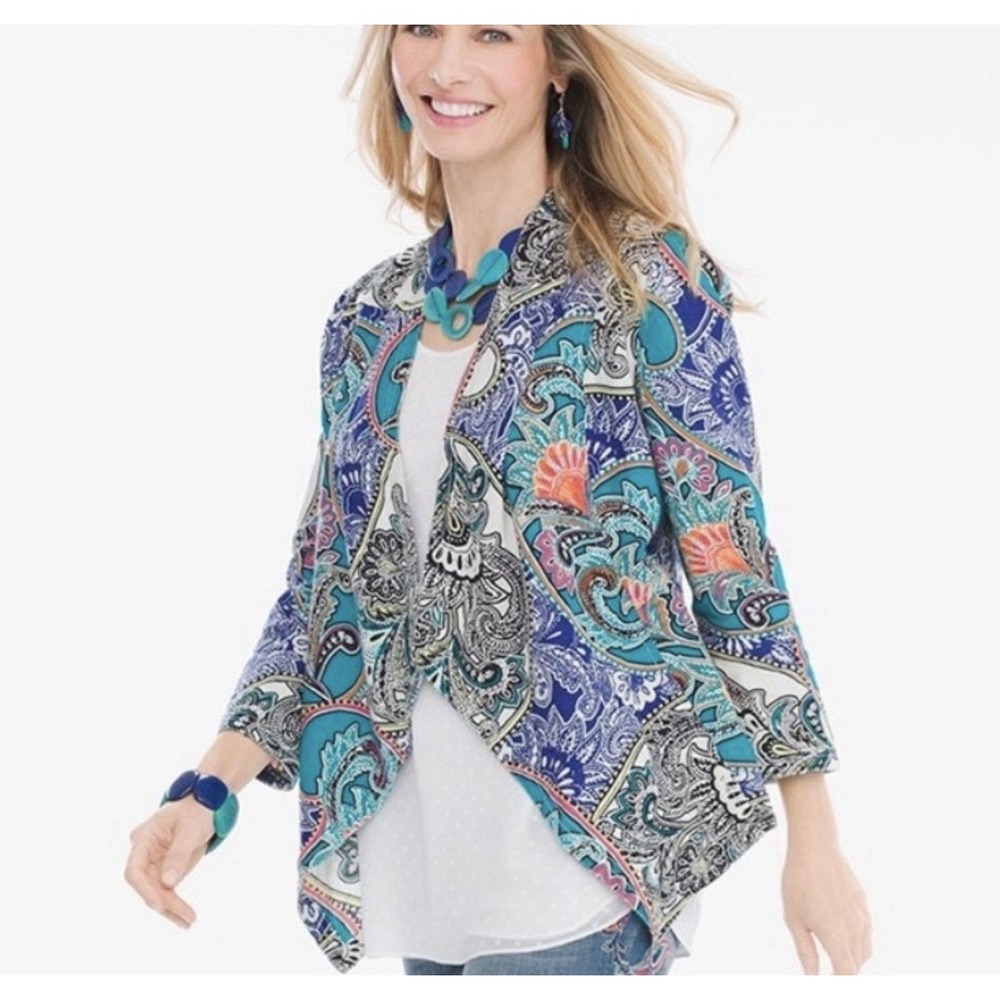 Chicos 100% Linen 3/4 Sleeve Jacket Sz 3 XL Colorful Paisley Boho Coastal Granny